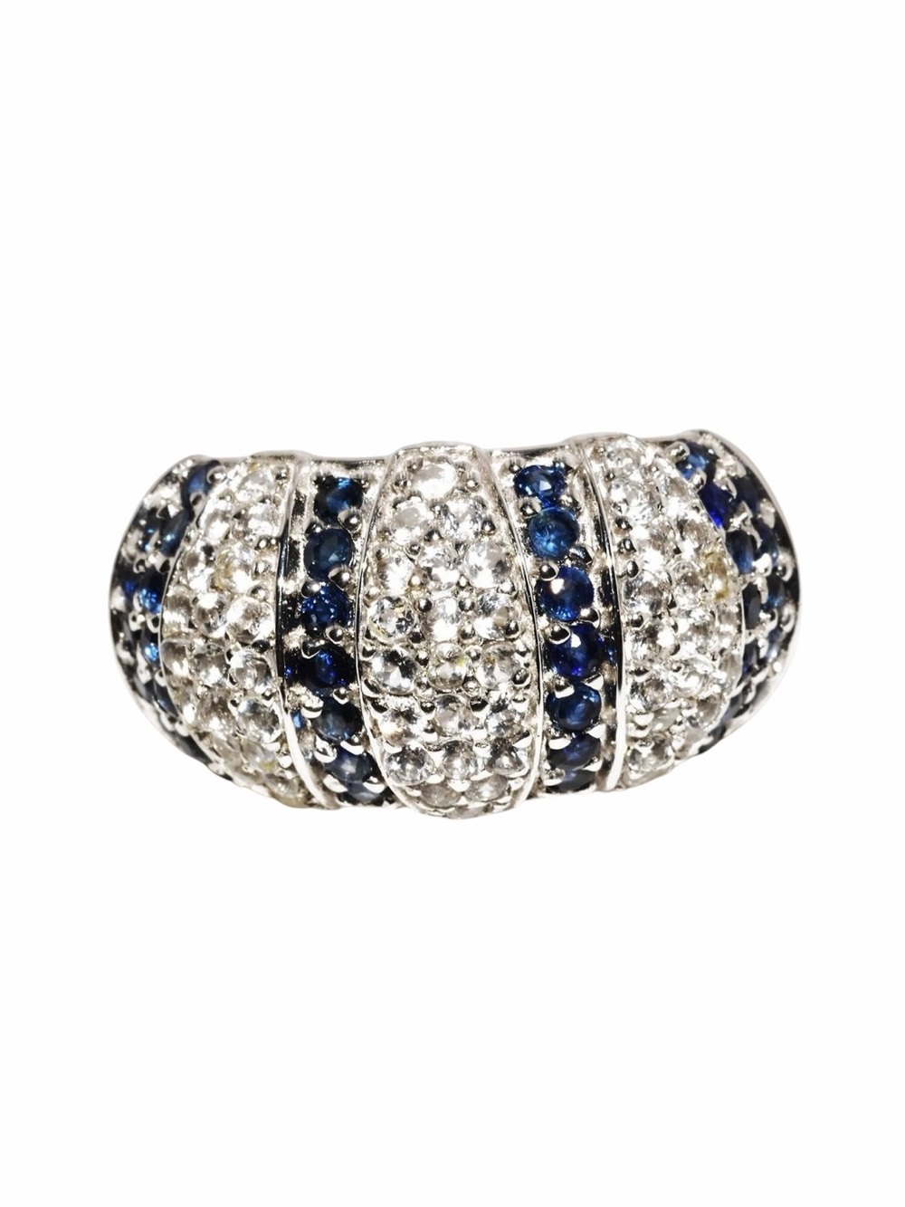 Sterling Silver Blue Sapphire & White CZ Dome Ring